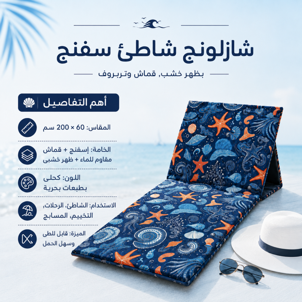 شازلونج شاطئ سفنج بظهر خشب قماش وتربروف مقاس 60*200 سم طابعه صيفيه كحلي