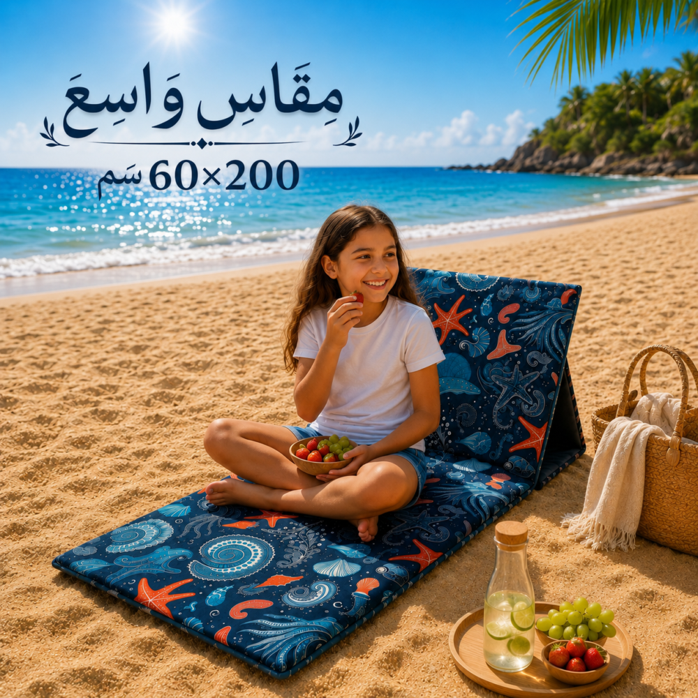 شازلونج شاطئ سفنج بظهر خشب قماش وتربروف مقاس 60*200 سم طابعه صيفيه كحلي
