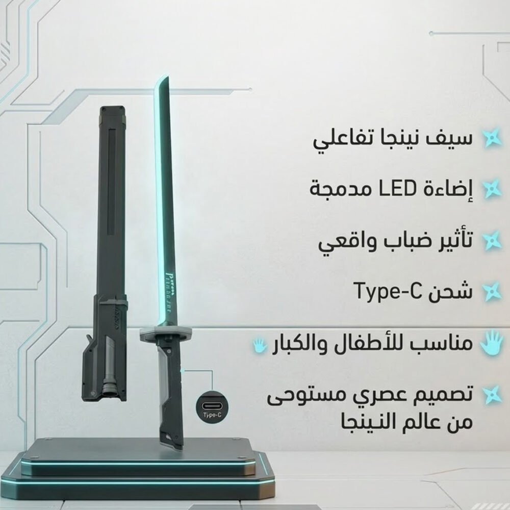 9759c849-aac9-42e5-a146-c2efdff21a8f.jpg سيف نينجا تفاعلي مع إضاءة LED وتأثير الضباب، شحن Type-C، للأطفال والكبار