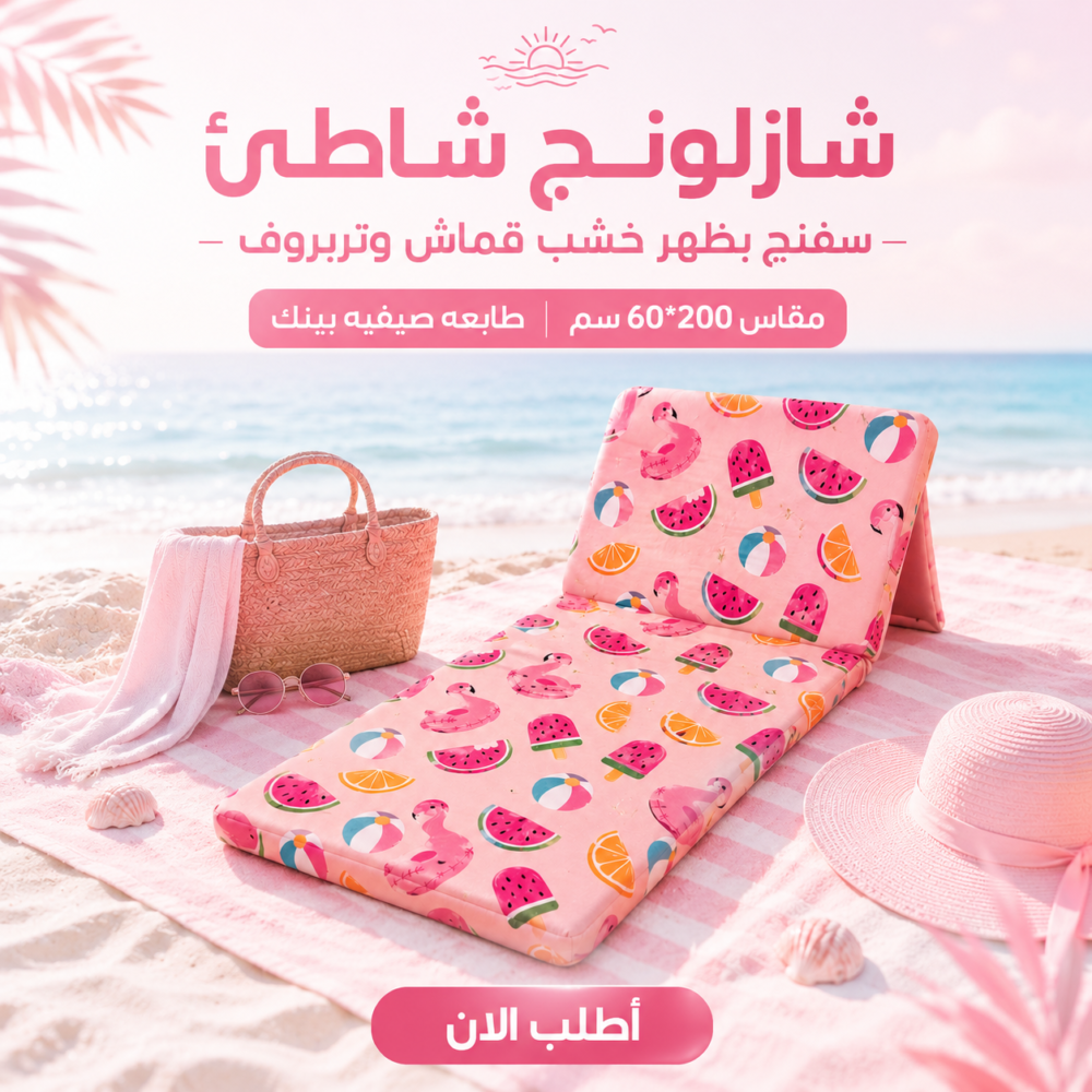 شازلونج شاطئ سفنج بظهر خشب قماش وتربروف مقاس 60*200 سم طابعه صيفيه بينك